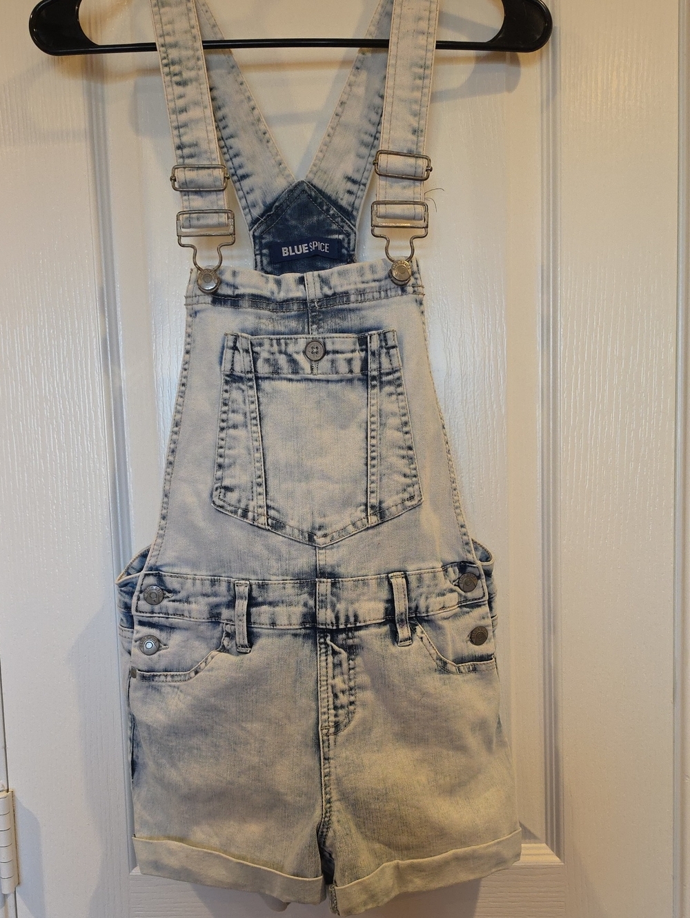 Blue Spice Acid Wash Denim Short Overalls in Faded Light Blue, Size 3